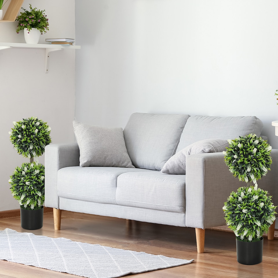 image 1 of HOMCOM Set of 2 Decorative Artificial Plants Ball Trees with Lavender Flowers in Pot Fake Plants for Home Indoor Outdoor Decor, 70cm, White