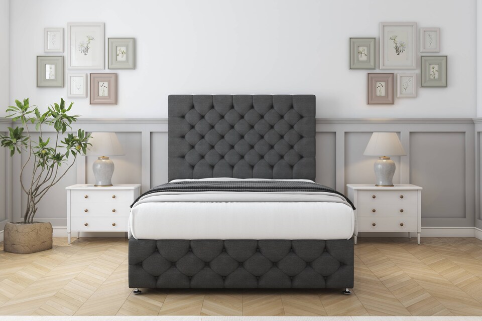 image 1 of Sloomy Watson Graphite Dumfries Divan Bed With Mattress 2 Drawers Left Side With 54" Floor Standing Headboard & 12" Matching Footboard 3' Single | Grey | Graphite | Single | 1