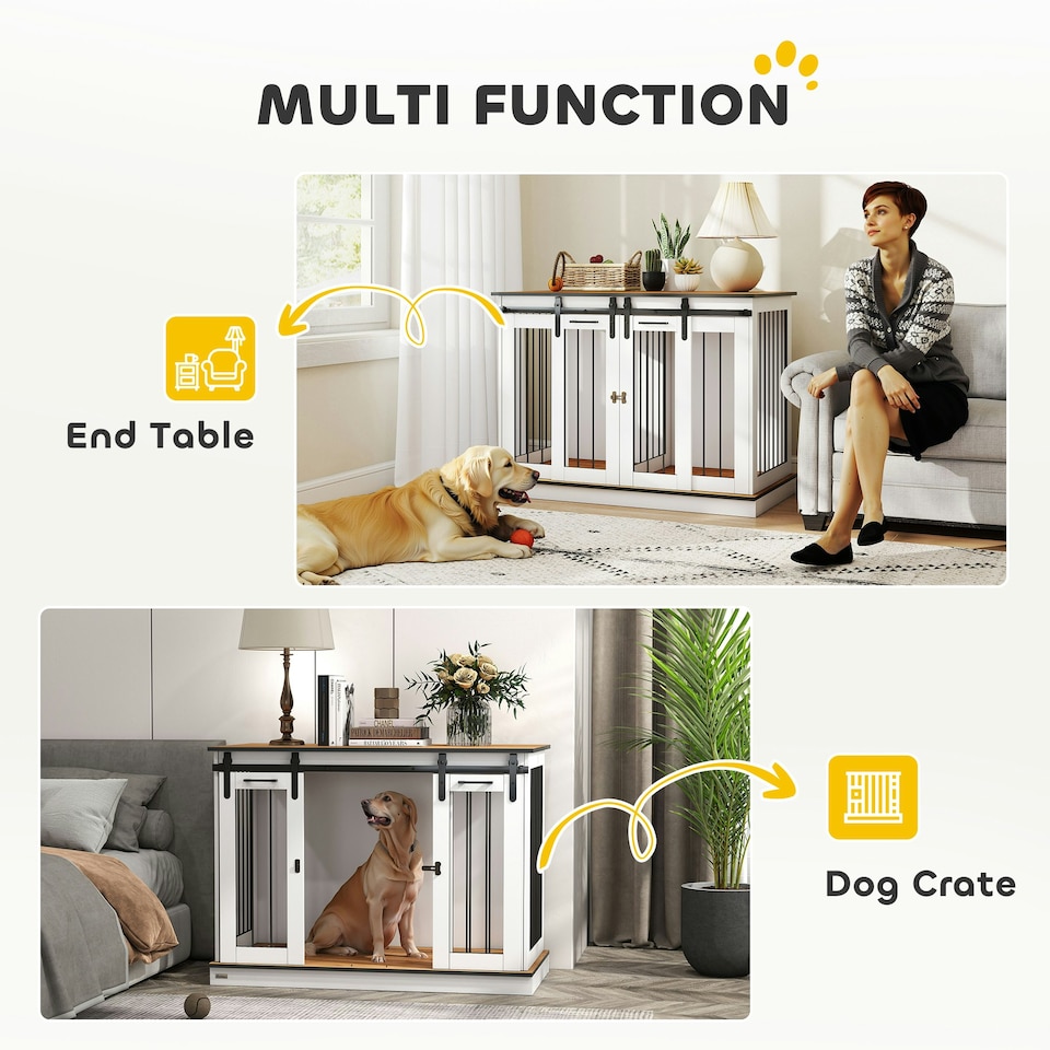 image 1 of PawHut Dog Crate Furniture for Large Dogs, Double Dog Cage for Small Dogs, White