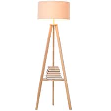 HOMCOM Tripod Floor Lamp, Freestanding Bedside Light Reading Light with Storage Shelf and Linen Shade for Living Room Bedroom, 154cm, Cream