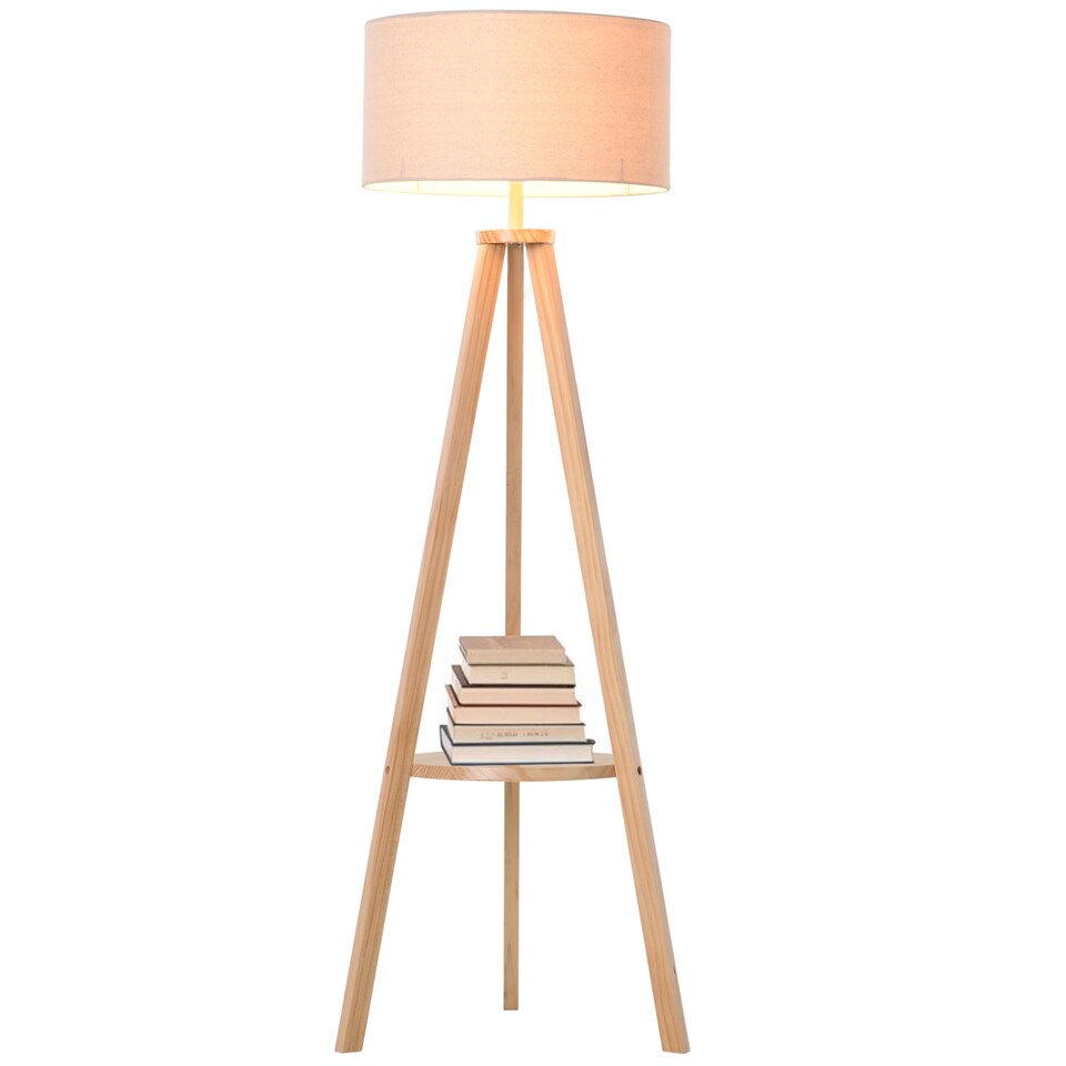 image 1 of HOMCOM Tripod Floor Lamp, Freestanding Bedside Light Reading Light with Storage Shelf and Linen Shade for Living Room Bedroom, 154cm, Cream