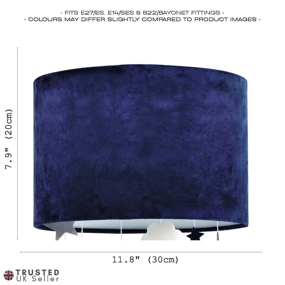 image 1 of Soft Midnight Blue Velvet Pendant Lamp Shade with Hanging Felt Stars and Clouds | Blue | 12"