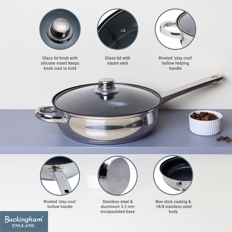 image 1 of Buckingham Stainless Steel Sauté Pan Induction Compatible with Stainless Steel Handles 24cm , 2.7 litre