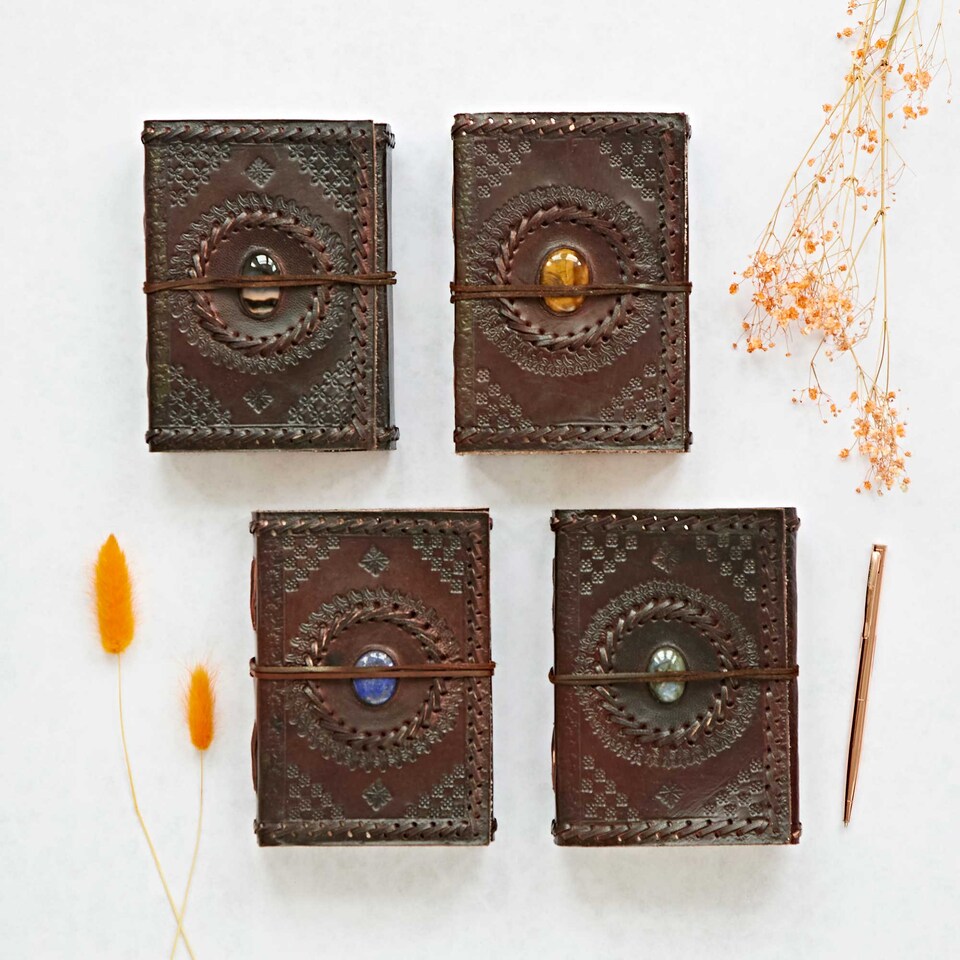 image 1 of Indra Medium Embossed and Stitched Leather Journal with Semi-Precious Stone