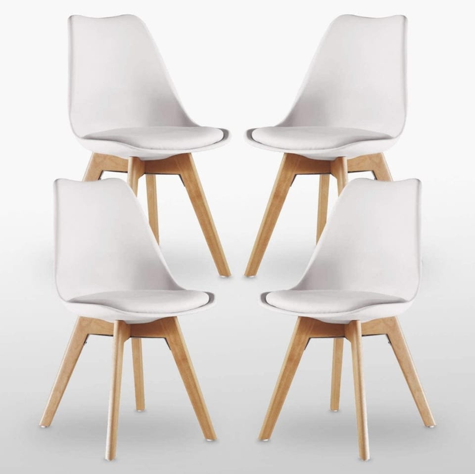 image 1 of 5PCs Dining Set - an Oak Round Dining Table & Set of 4 White Lorenzo Tulip chairs with Padded Seat | White