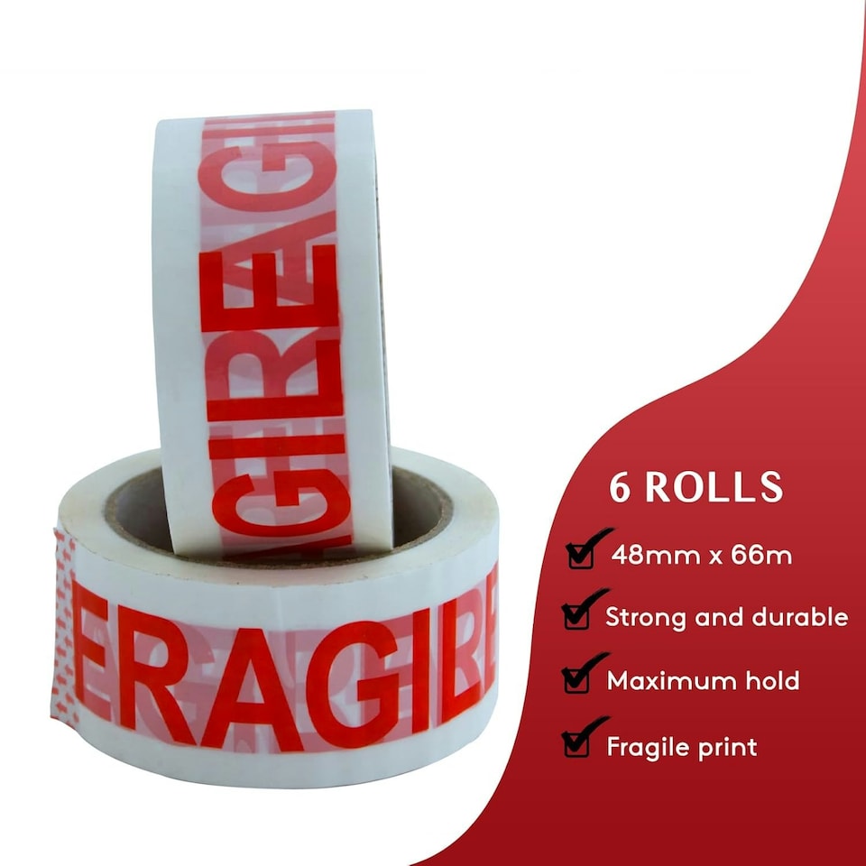 image 1 of Straame Pack of 6 Fragile Packaging Tape, Strong  Adhesive, (48mm x 66m)