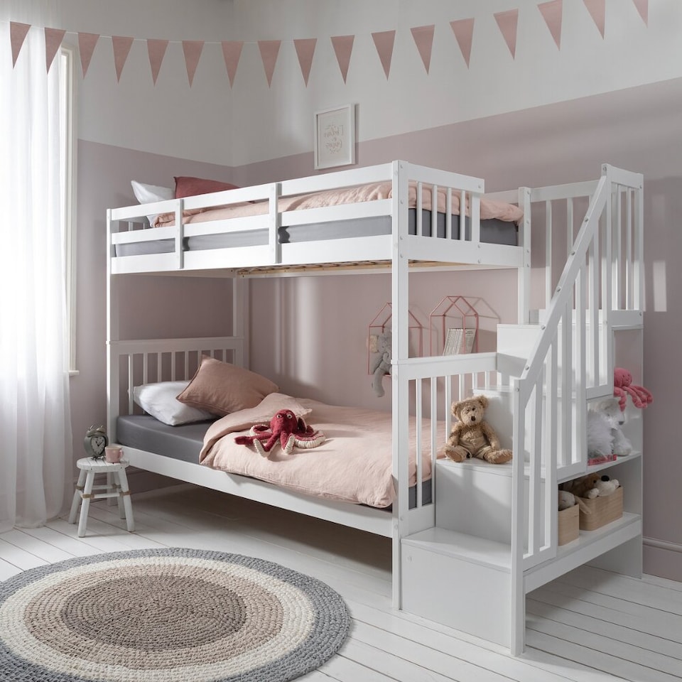 image 1 of Ulla Staircase Bunk Bed with Storage Staircase in Classic White
