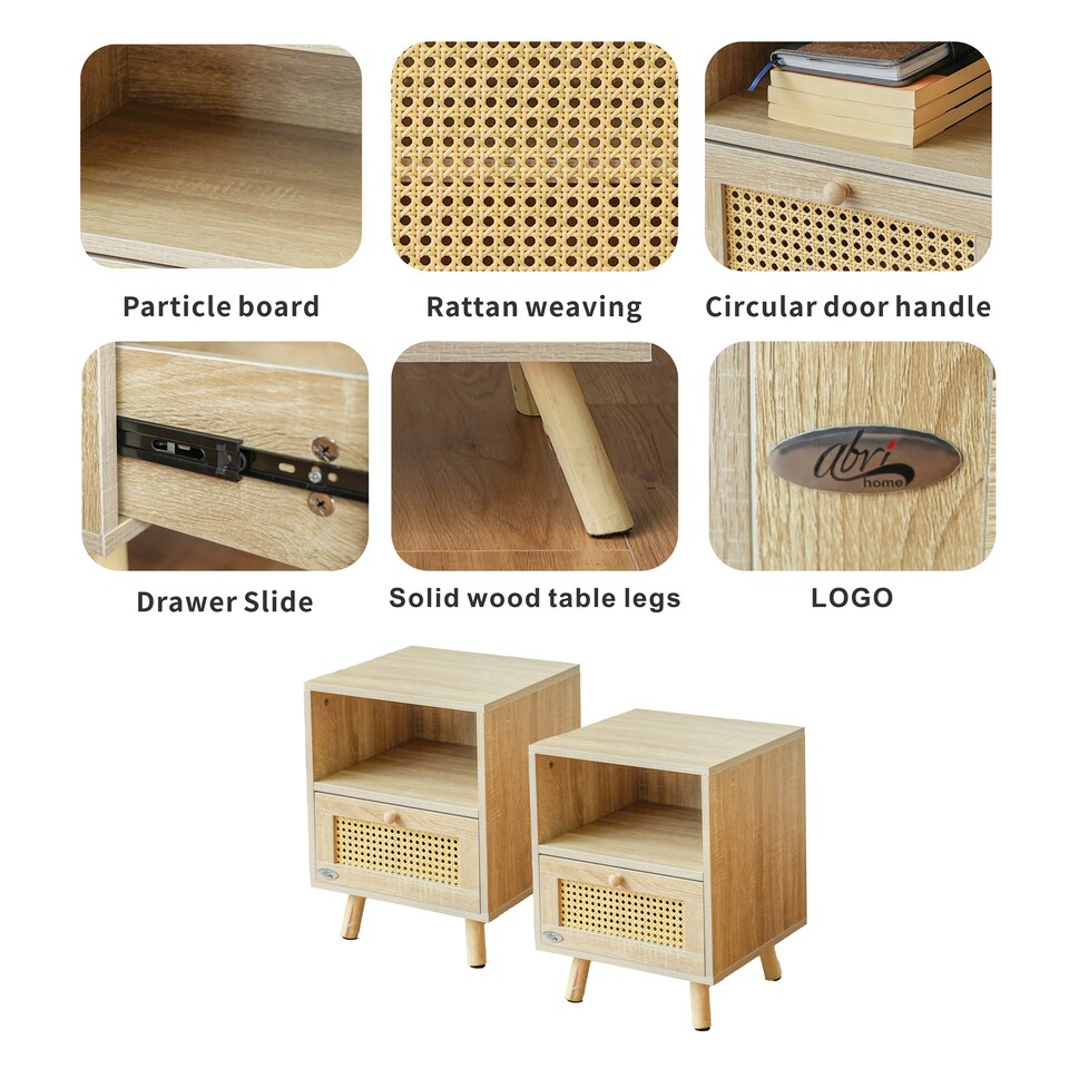 image 1 of Abrihome Set of 2 Rattan Nightstand Cabinet, with Saving Storage Space and Shelves