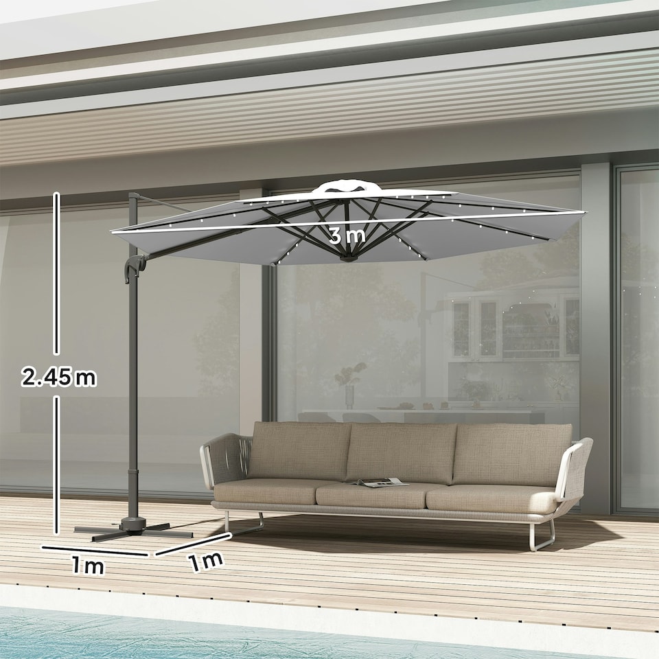 image 1 of Outsunny 3(m) Cantilever Parasol Patio Sun Umbrella w/ Base Solar Lights Grey