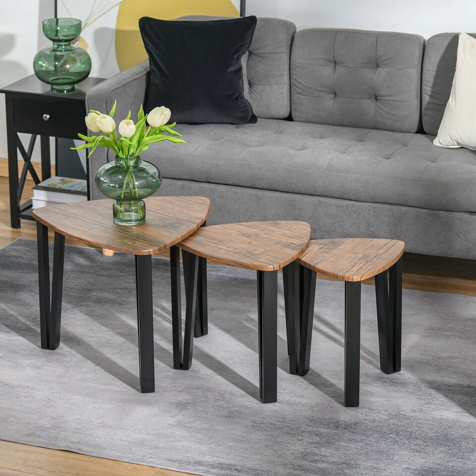 image 1 of HOMCOM 3 PCs Nesting Table Coffee Table Set MDF Living Room Furniture Walnut | Black