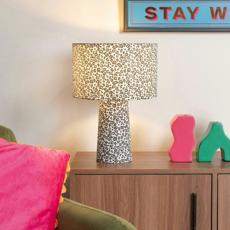 image 1 of ValueLights Bertie Leopard Print Full Fabric Table Lamp Brown