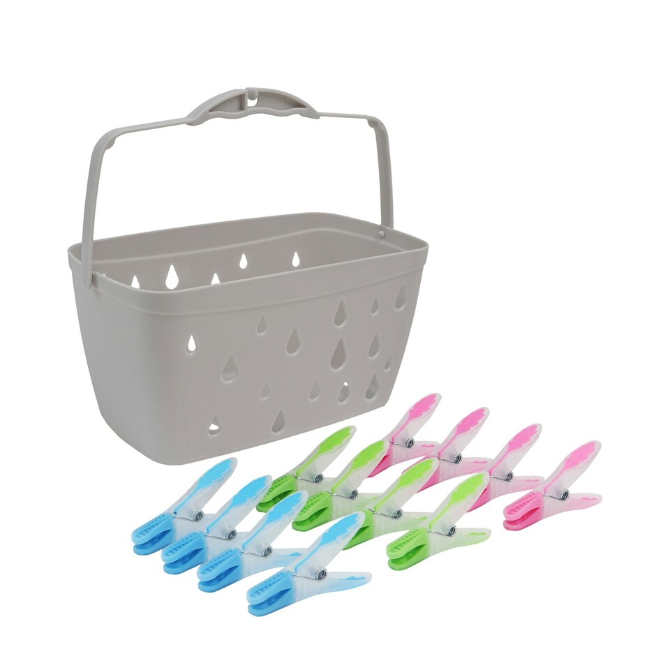 image 1 of JVL Plastic Peg Basket, Grey with 48 Prism Soft Touch Leaf Design Plastic Pegs, Multi
