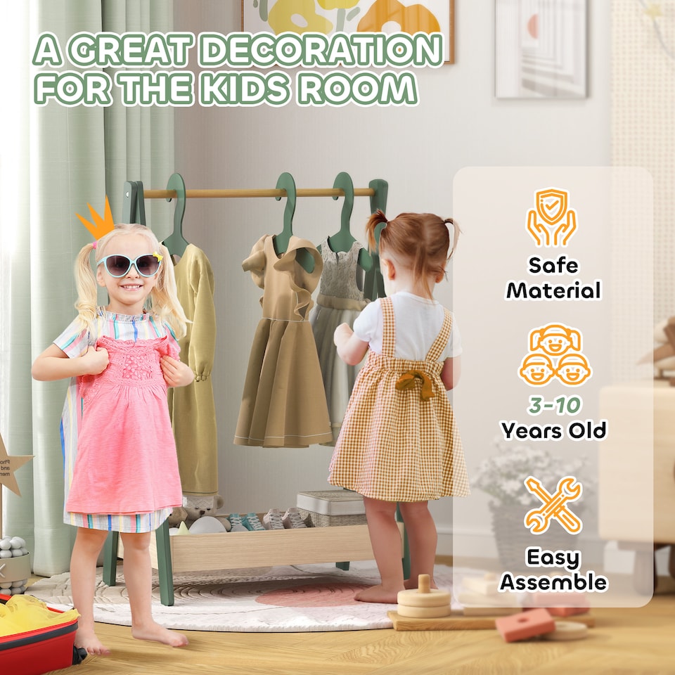 image 1 of AIYAPLAY Kids Clothes Rail with Hangers, Base Shelf for Girls, Boys, Green