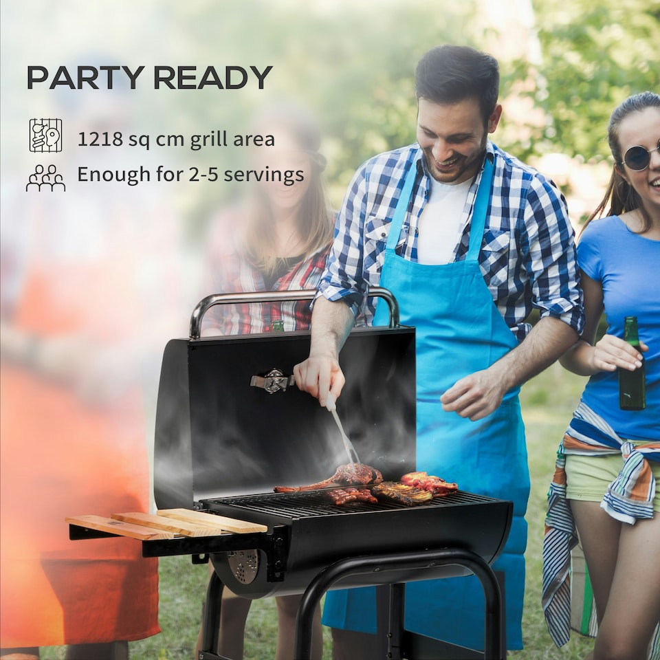 image 1 of Outsunny Charcoal Barbecue BBQ Grill Trolley W/ Shelves, Lid and Thermometer