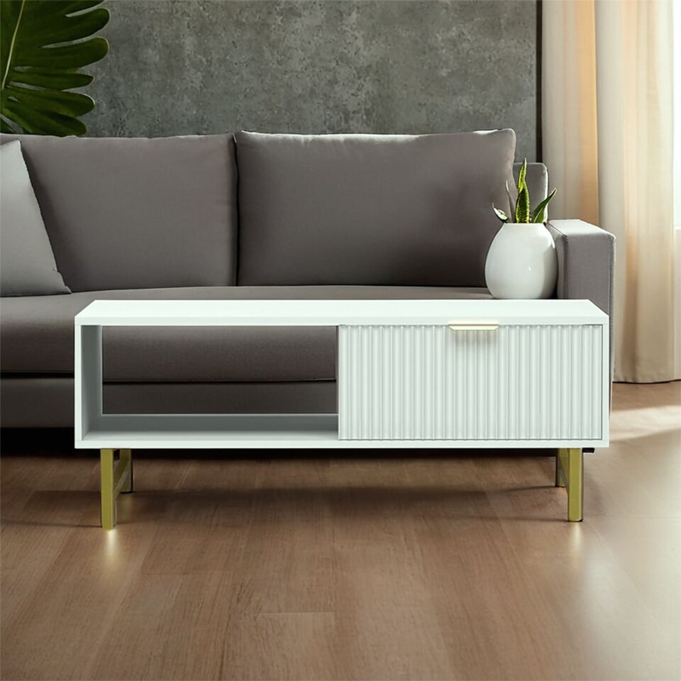 image 1 of Modern White Coffee Table with Storage, Gold Metal Legs and Handles, Stylish Centre Table for Living Room and Lounge
