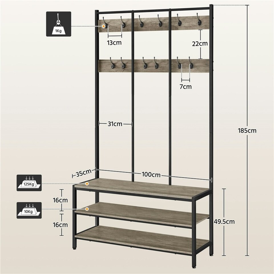 image 1 of Yaheetech Industrial Hallway Rack with Bench & Shoe Storage Grey | One Size