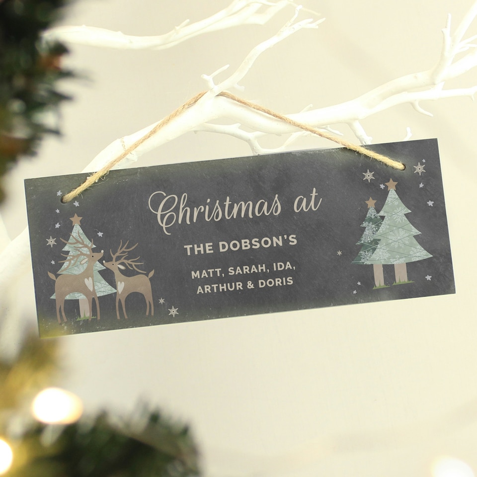 image 1 of Personalised Christmas Reindeer Hanging Slate Plaque