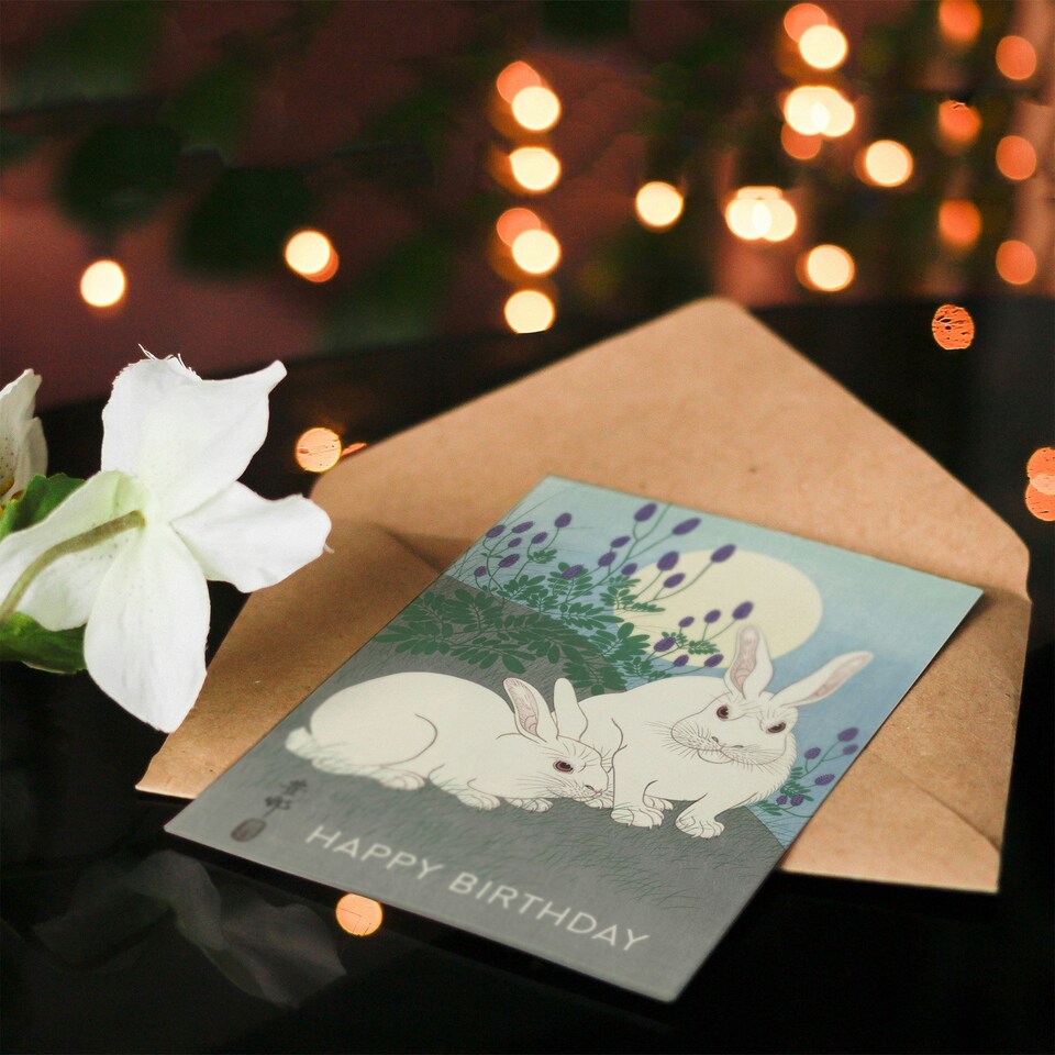 image 1 of Happy Birthday Ohara Koson Rabbits Vintage Japanese Birthday Card