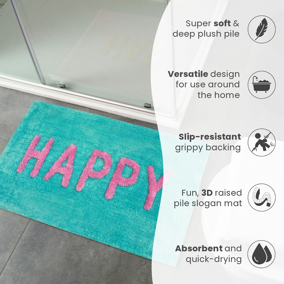 image 1 of Happy Slogan Colourful Bath Mat Non Slip - Soft & Absorbent Blue | Turquoise