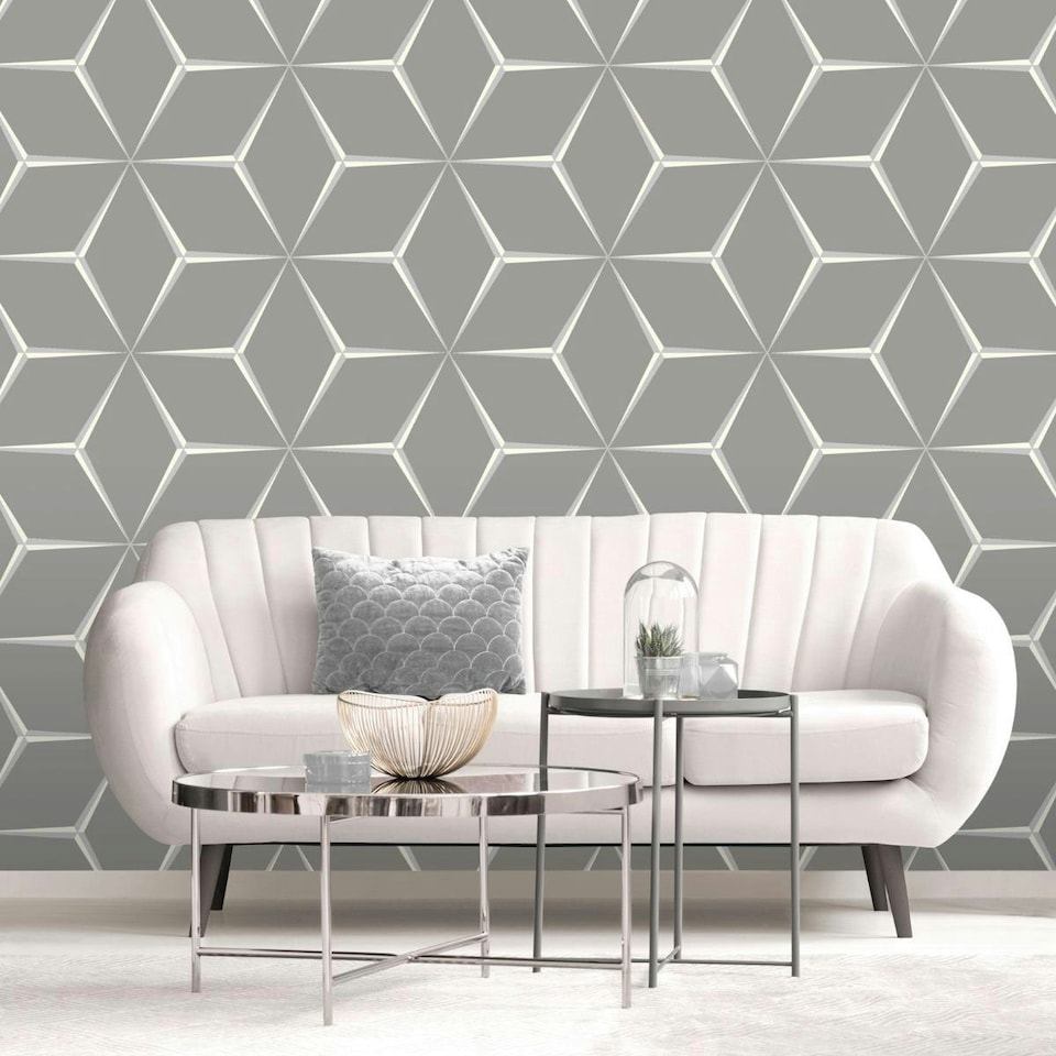 image 1 of Belgravia Harper Geometric Wallpaper - Silver/Grey - 10m x 53cm Silver