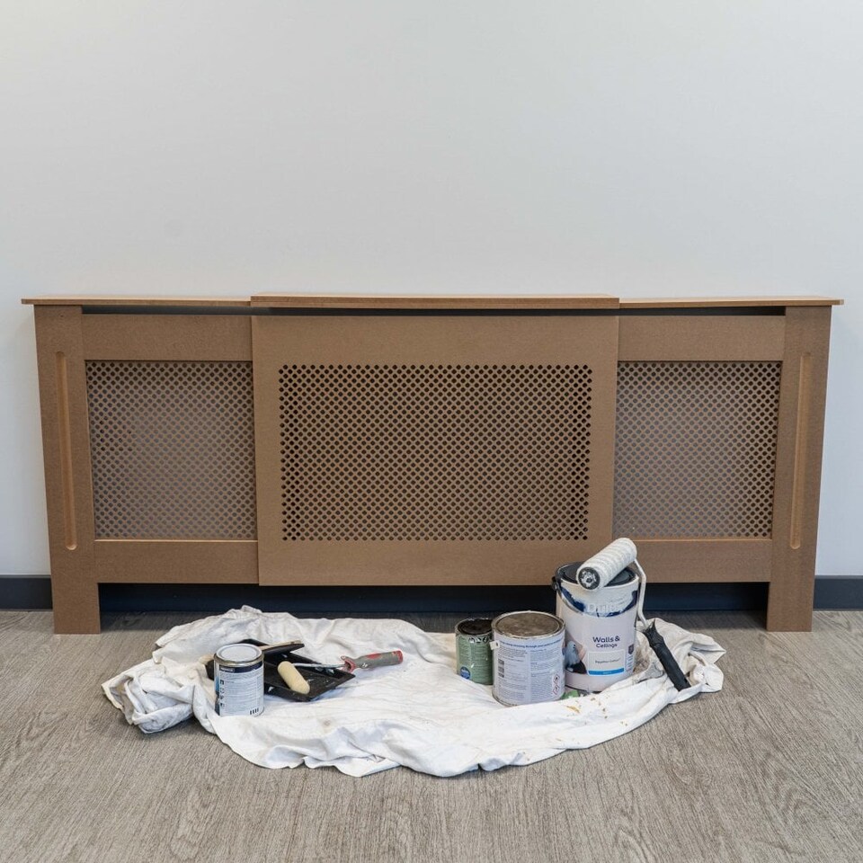 image 1 of JSH Radiator Cover Wood Unpainted Diamond MDF - Adjustable - 140-204cm (W) x 81.5cm (H) x 19cm (D) | Brown