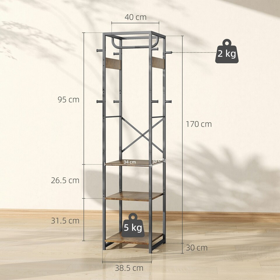 image 1 of HOMCOM Clothes Rail with Storage Shelf and Hooks, Clothes Rack Brown