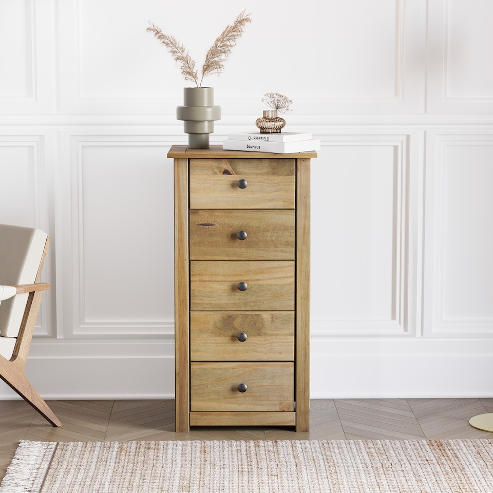 image 1 of Vida Designs Panama 5 Drawer Narrow Chest of Drawers Bedroom Storage, Solid Pine Wood