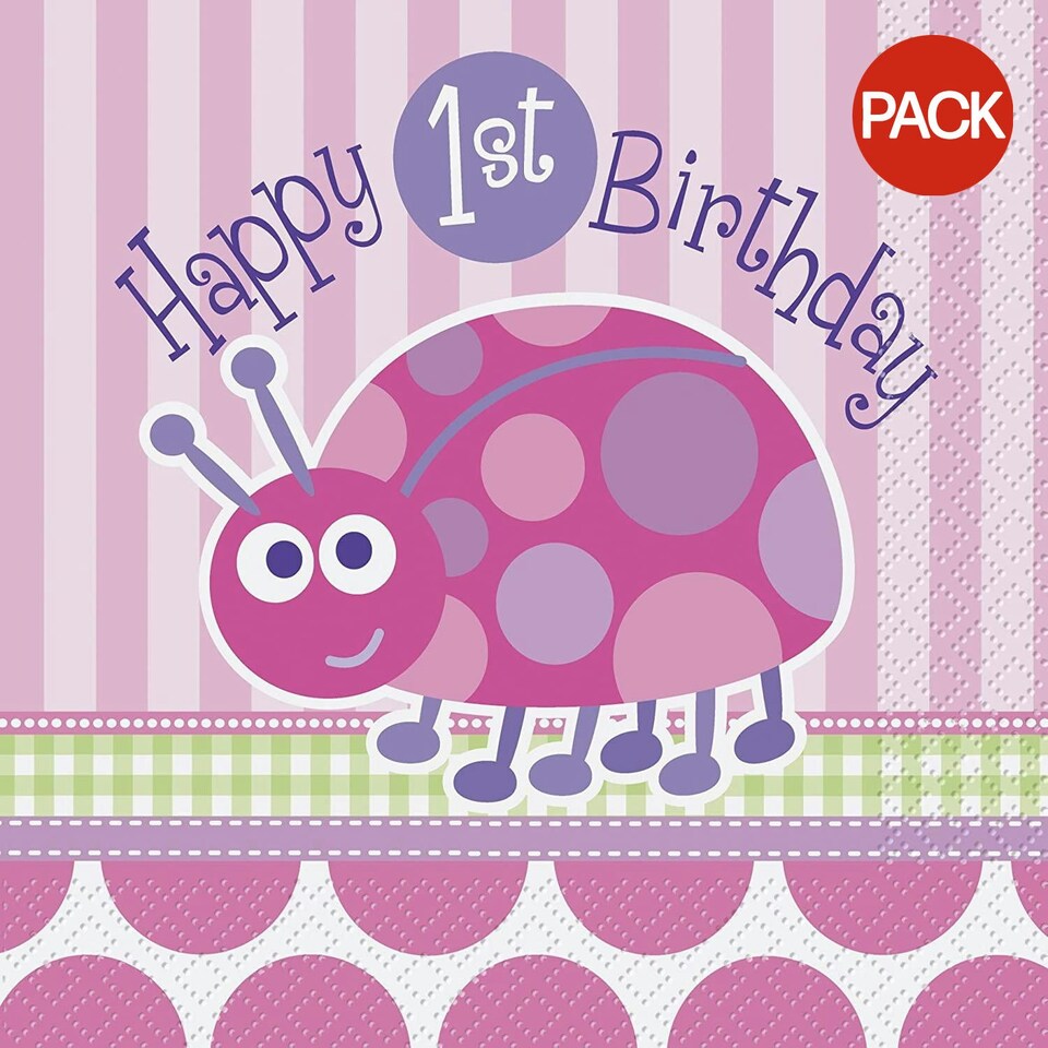 Unique Party Paper Ladybird 1st Birthday Napkins (Pack of 16) - Pink - One Size
