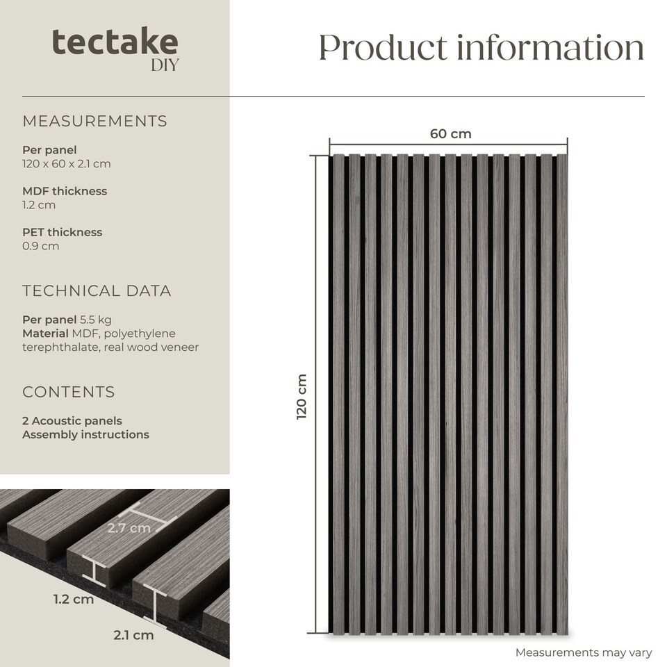 image 1 of Acoustic Wall Panels with Wood Veneer Slats, Thick Felt and Easy to Install | Grey | light gray oak | 120 x 60 x 120 cm | 2
