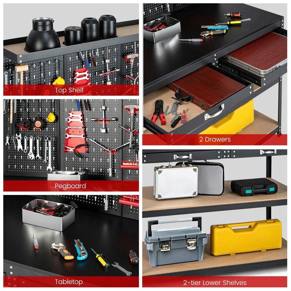 image 1 of COSTWAY Workbench Garage Worktable with Drawers-Black