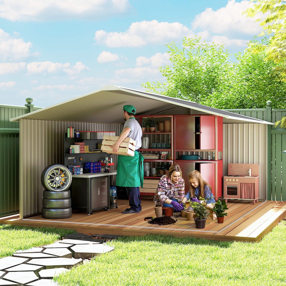 image 1 of Outsunny 13 x 11ft Metal Garden Shed, Outdoor Storage Tool House with Ventilation Slots, Foundation Kit and Lockable Double Doors, Grey