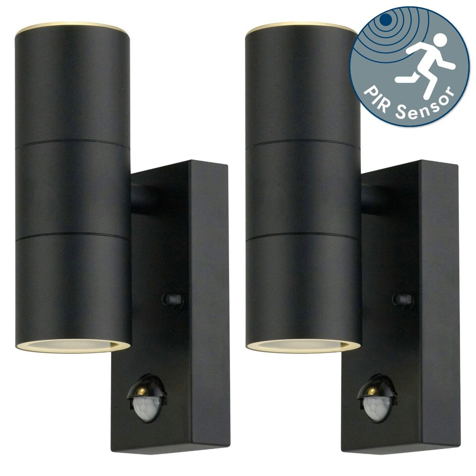 image 1 of First Choice Lighting Set of 2 Blaze Black Outdoor Up Down Motion Sensor Wall Lights Black | Clear