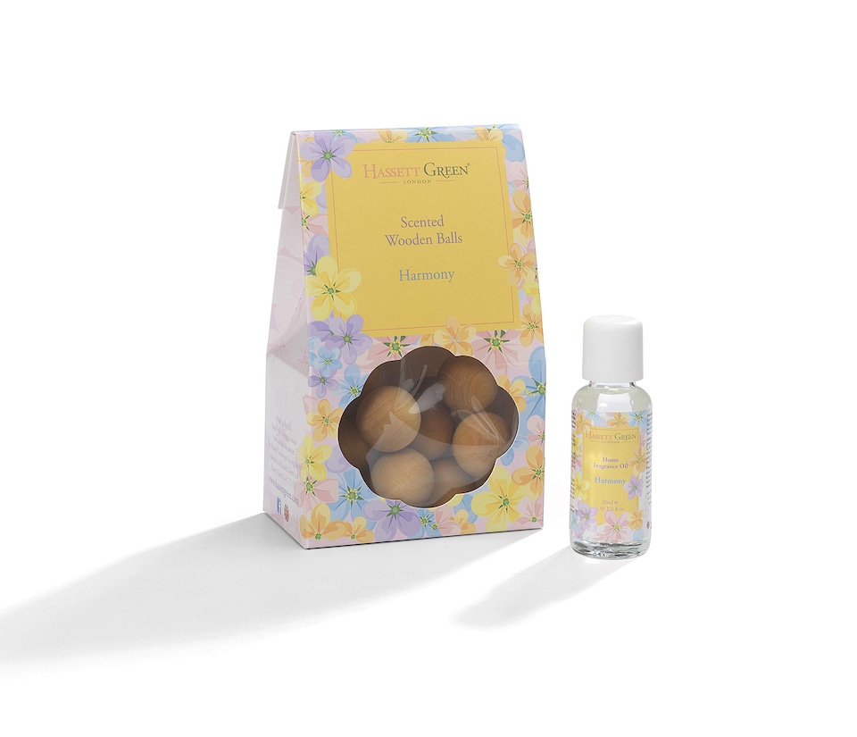 image 1 of Hassett Green London - Harmony Lily, Violet & Jasmine - Scented Wooden Balls Pack of 12 plus 30ml Bottle of Home Fragrance Oil for Refreshing - Alternative to Pot Pourri