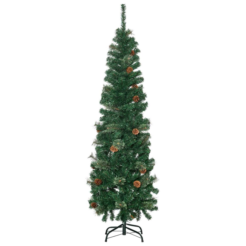 image 1 of HOMCOM 5.5FT Artificial Slim Christmas Tree Holiday Home Décor with Pine Cones