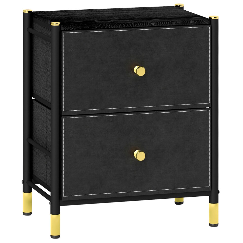 image 1 of HOMCOM Chest of Drawers, 2 Drawer Fabric Dresser with PU Leather Surface, Steel Frame, Storage Organizer Unit for Bedroom, Living Room, Hallway, Closet, Easy to Assemble, Black