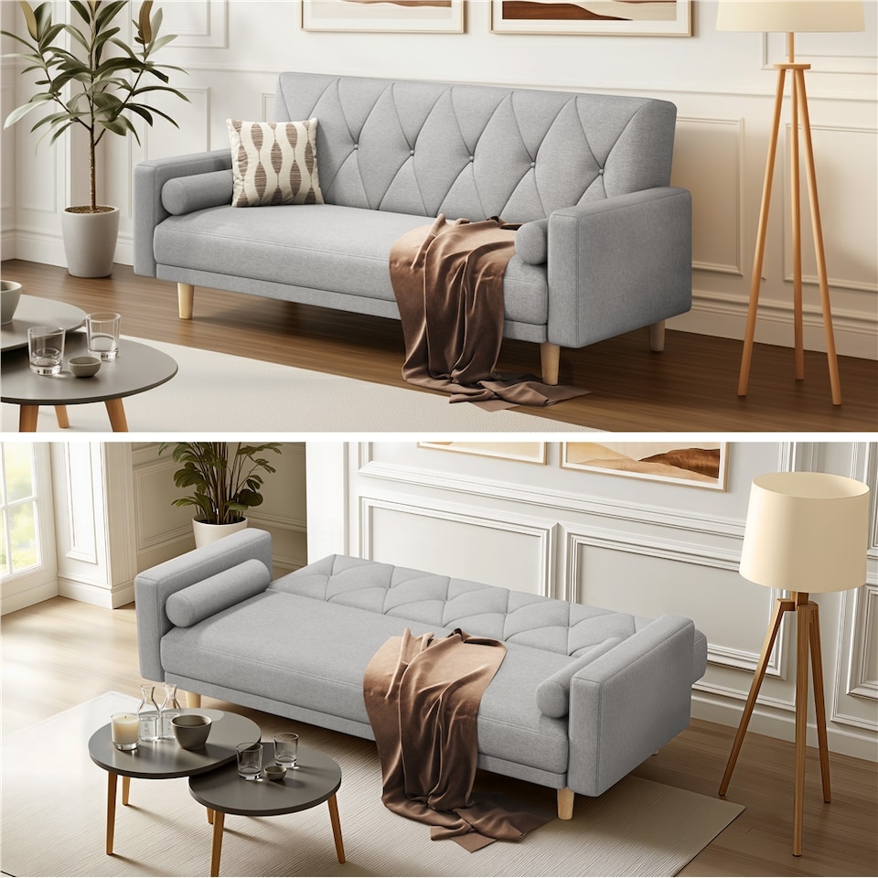 image 1 of Yaheetech Fabric Convertible Sofa Bed with 2 Bolster Pillows-Light Grey