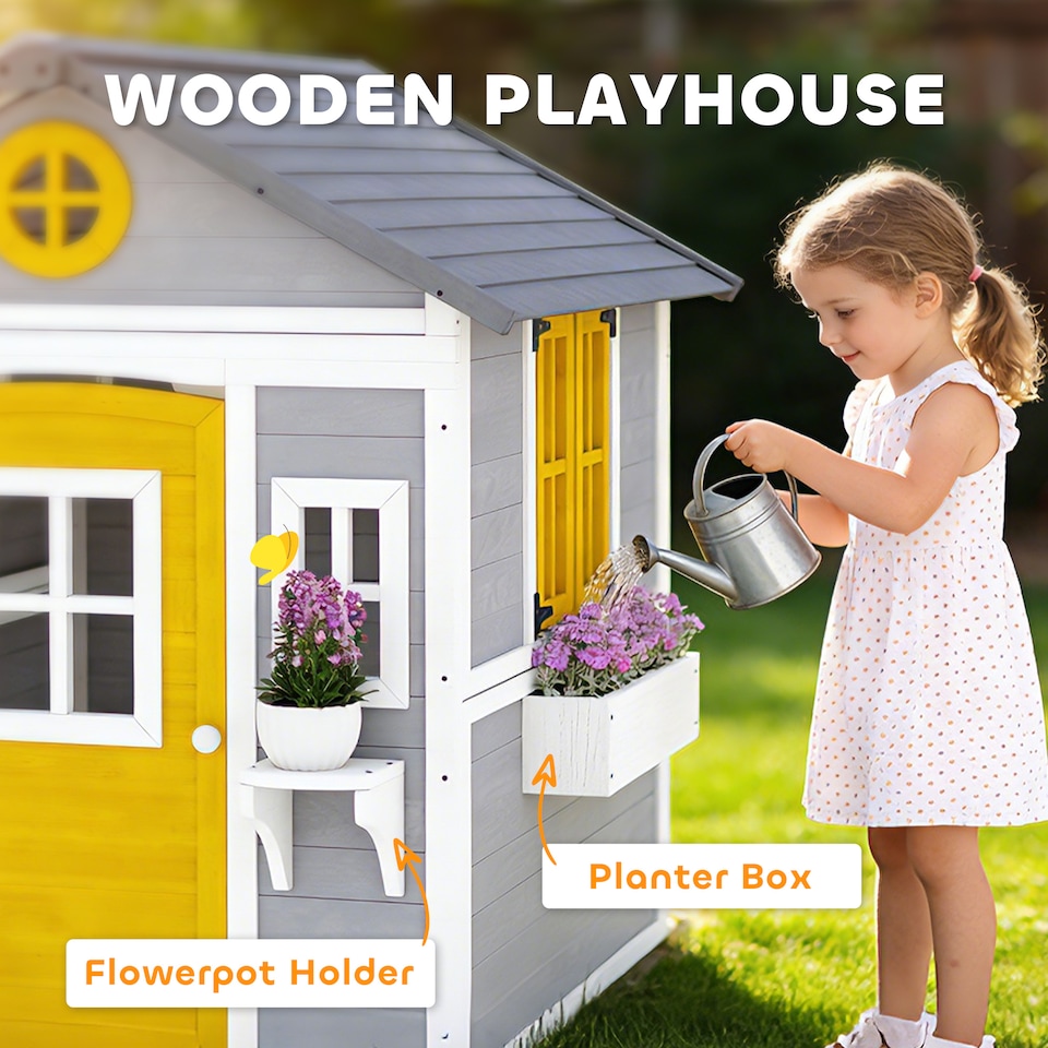 image 1 of Outsunny Wooden Playhouse with Doors, Windows, Plant Pots for Kids - Grey