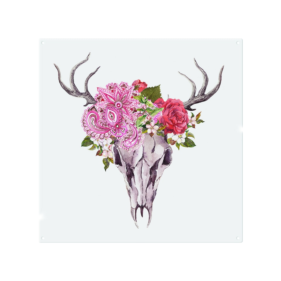image 1 of Deer Animal Skull With Flowers And Feathers Splash Back | White