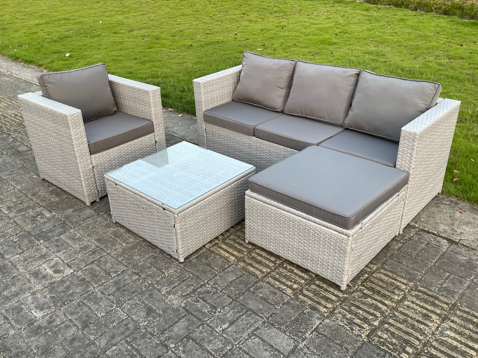 image 1 of Fimous 5 Seat Light Grey Lounge Outdoor PE Rattan Garden Furniture Set Wicker Sofa Set Square Coffee Table With Armchair