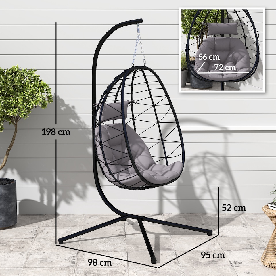 image 1 of Outsunny Garden Egg Chair Outdoor Hanging Swing Chair, Folding Basket, Grey
