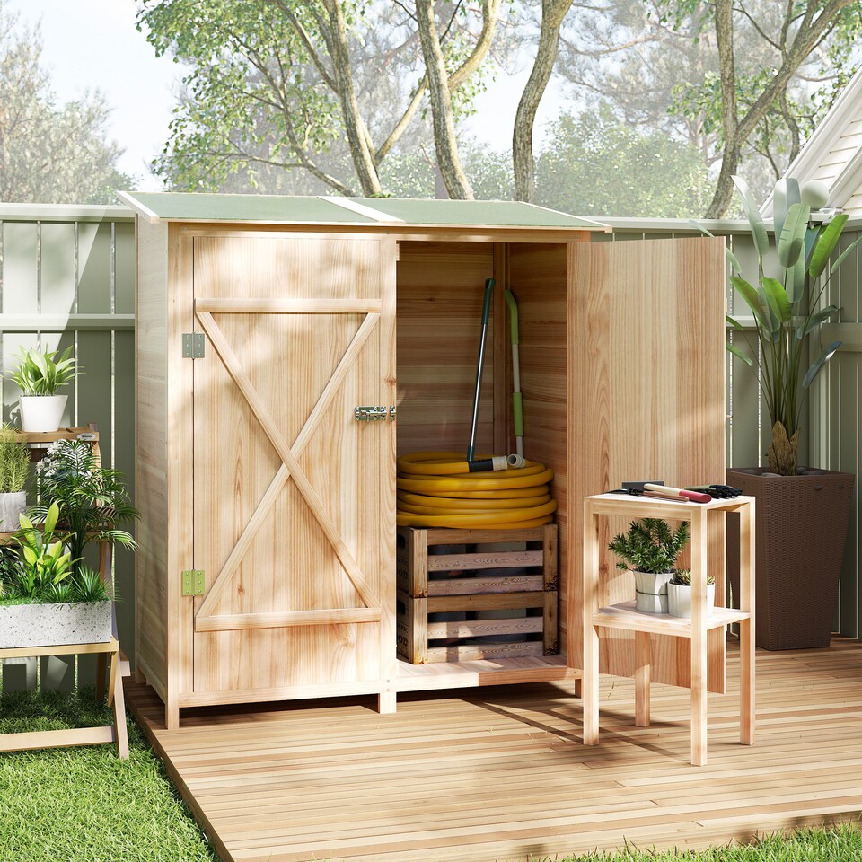 image 1 of Outsunny Small Shed, Wooden Garden Shed with Flexible Table, Hooks and Ground Nails, Lockable Tool Garden Organiser with Asphalt Roof, 140 x 75 x 157cm, Natural