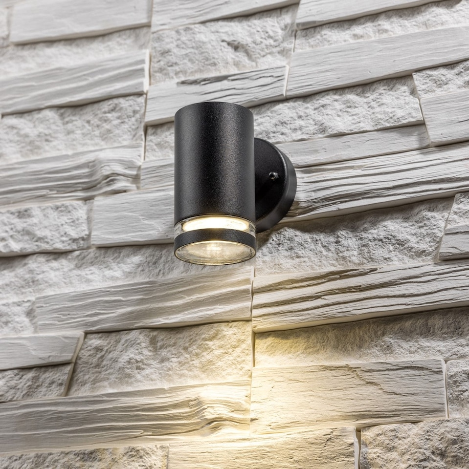 image 1 of CGC Lighting Jennifer Black Outdoor Cylinder Wall Light, Single GU10 | Black | Black | Height: 11.2 cm, Width: 7.6 cm, Depth: 10.5 cm