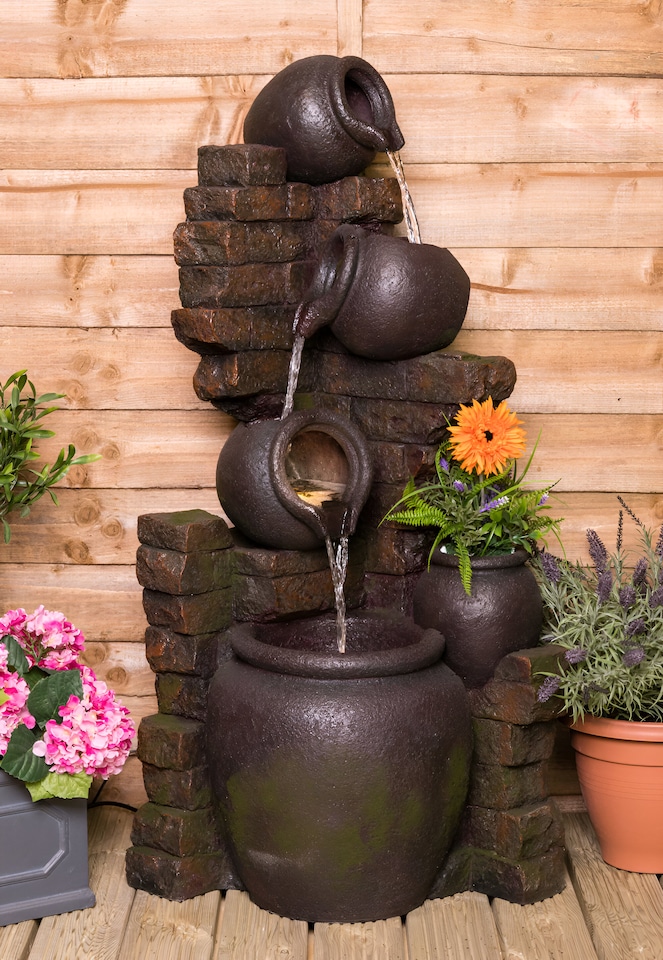 image 1 of York 3-Tier Cascading Jars Garden Outdoor Water Feature Fountain & Planter with Lights H120cm
