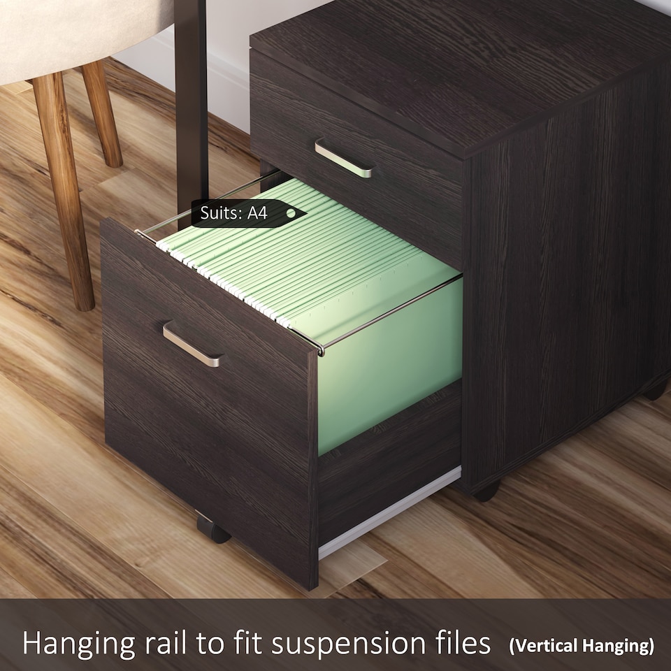 image 1 of Vinsetto 2-Drawer Locking Office Filing Cabinet w 5 Wheels Rolling Storage Hanging A4 Cupboard Home Organisation Black Wood Grain