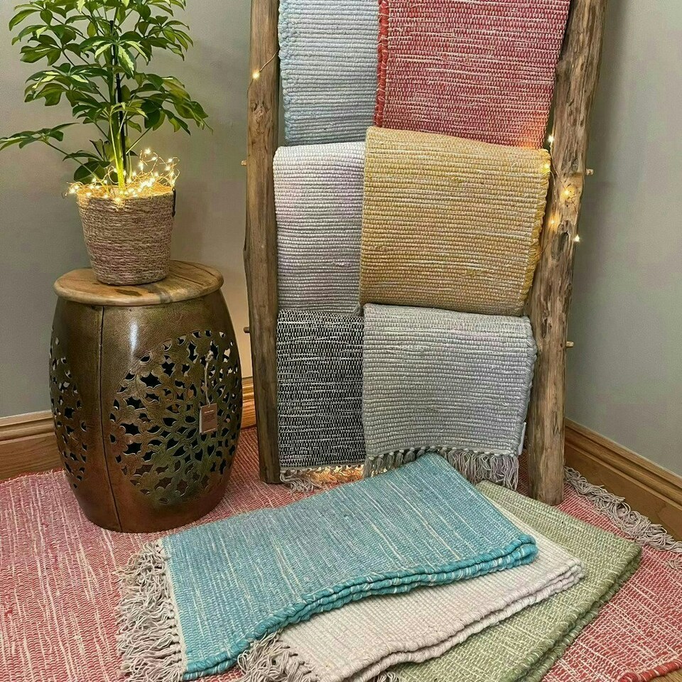 image 1 of Hush Hand Loomed Soft Rug in Muted Colours - Cotton - L120 x W180 cm - Turquoise Blue