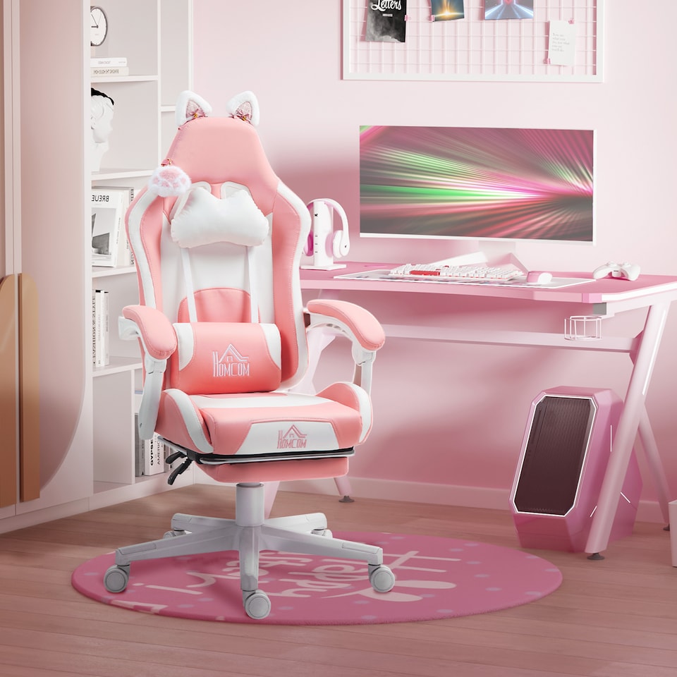 image 1 of HOMCOM Gaming Chair for Adults with Cat Ears, Faux Leather Reclining Computer Chair with Footrest, Lumbar Support and Headrest, Height Adjustable Swivel Seat, Pink