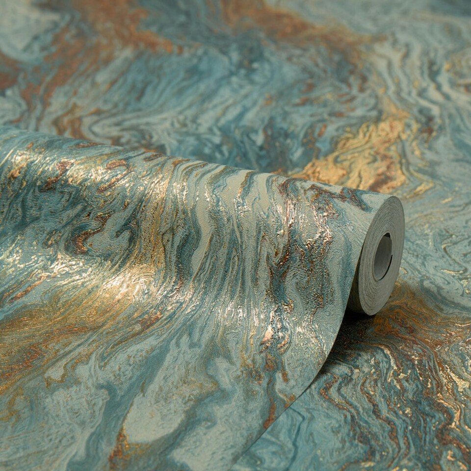 image 1 of Etna Metallic Wallpaper in Blue and Gold Multi