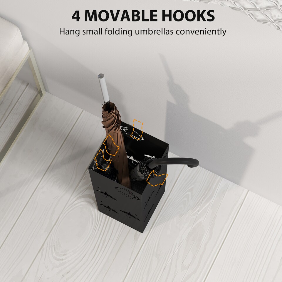 image 1 of HOMCOM Metal Umbrella Stand, Square Umbrella Holder with Removable Drip Tray and 4 Hooks, Decorative Umbrella Storage Rack for Hallway, Entryway, 15.5 x 15.5 x 41 cm, Black | Black
