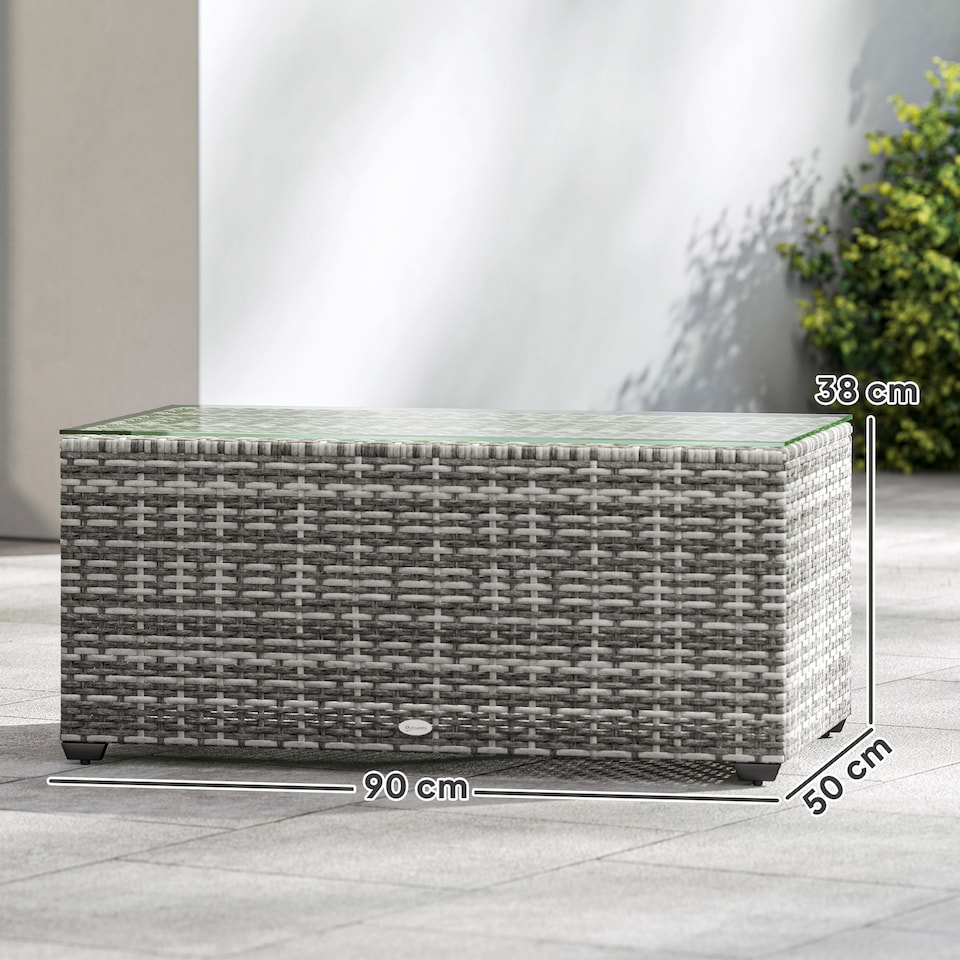 image 1 of Outsunny Outdoor Coffee Table, Glass Top Rattan Side Table, Light Grey
