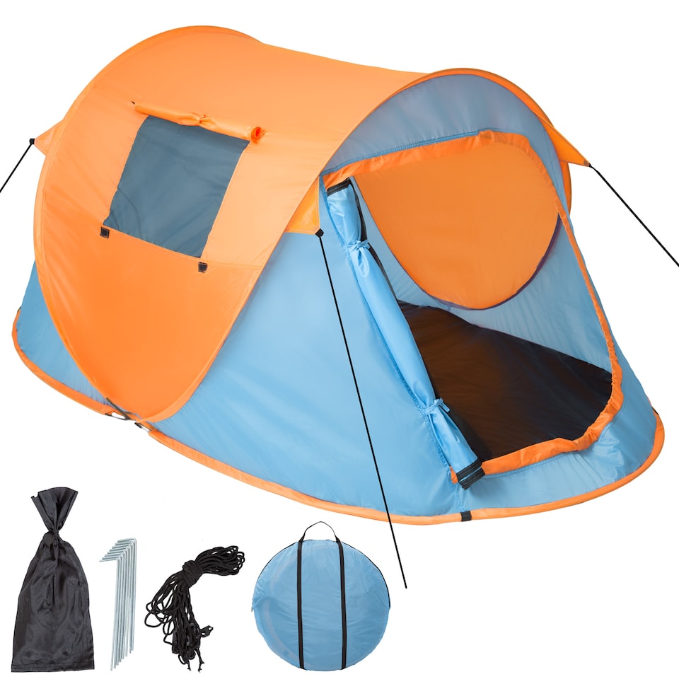 image 1 of 2 Man Pop Up Tent Waterproof For Camping Hiking Festival Mosquito Net Carry Bag | Orange | blue/orange | 220 x 130 x 95 cm | 1
